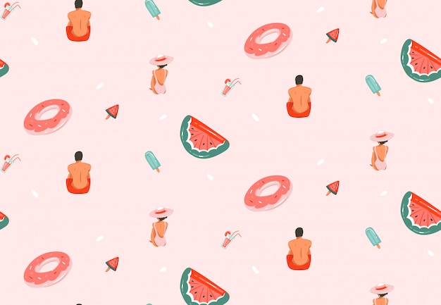 Hand drawn  abstract graphic cartoon summer time  illustrations seamless patterns with cocktails,float rings ans beach people  on pink pastel background