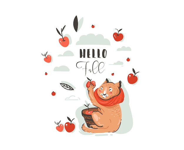Нарисованная рукой абстрактная иллюстрация осени шаржа приветствия установленная с милым характером кота собрала урожай яблока с ягодами, листьями, ветвью и типографикой здравствуйте, падение изолированное на белой предпосылке.