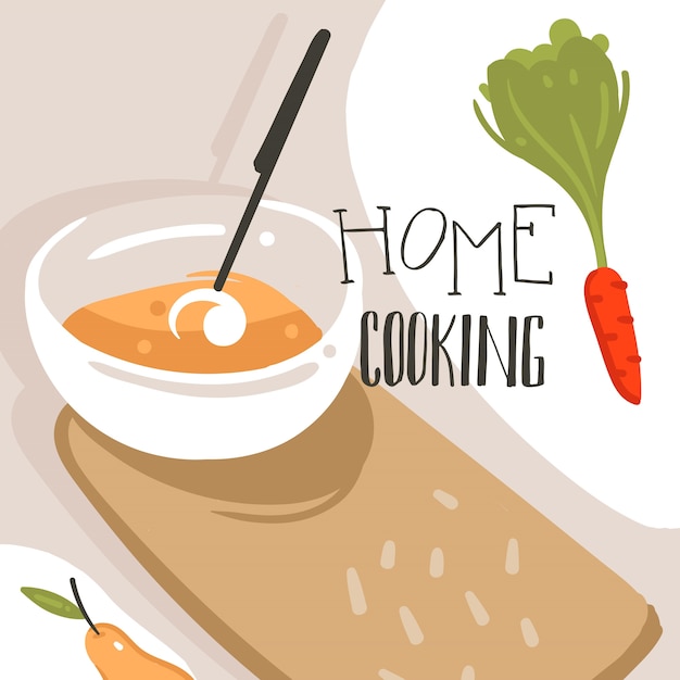 Hand drawn abstract modern cartoon cooking class illustrations poster with preparing food scene,cream soup plate and modern handwritten calligraphy Home Cooking isolated on white background.