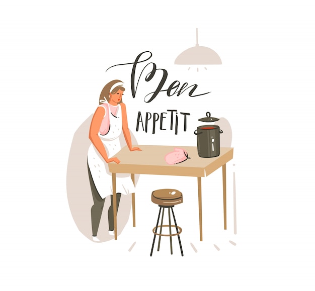 Hand drawn  abstract modern cartoon cooking class illustrations poster with retro vintage cooking woman and handwritten calligraphy bon appetit  on white background