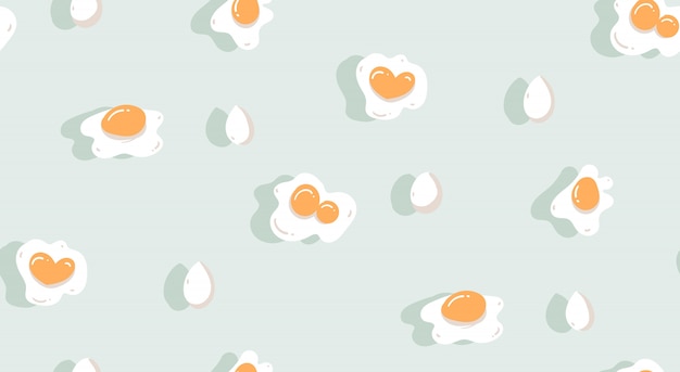 Vector hand drawn abstract modern cartoon cooking time fun illustration seamless pattern with eggs