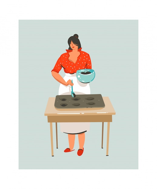 Icona moderna astratta disegnata a mano delle illustrazioni di divertimento di tempo di cottura del fumetto con la cottura della donna in grembiule isolato su fondo bianco