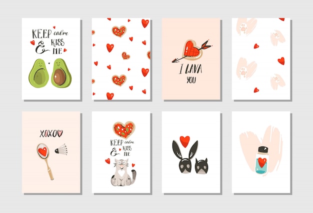 Hand drawn  abstract modern cartoon happy valentines day concept illustrations cards set collectionwith cute cats,pizza,hearts,avocado and handwritten calligraphy  on white background