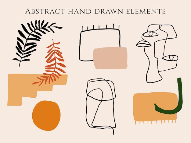 Hand drawn abstract organic shapes elements line art tropical leaves face background