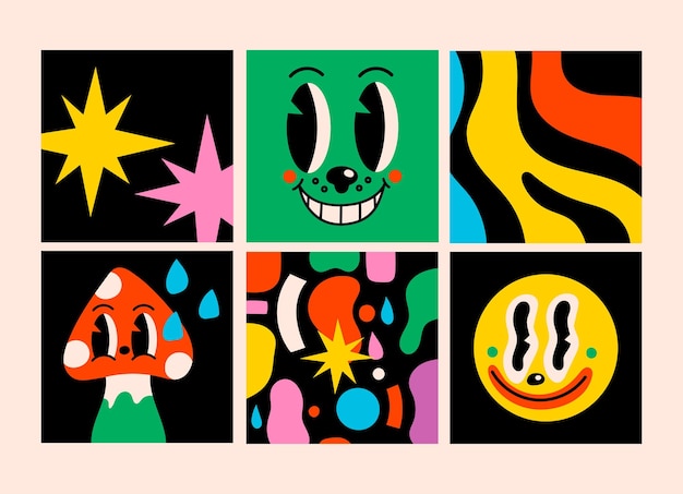 Hand drawn Abstract shapes, funny cute Comic characters.