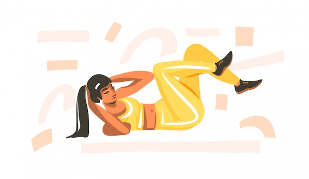 Illustrazione di riserva astratta disegnata a mano con la giovane femmina felice, facendo forma fisica sulla stuoia e guardando video di addestramento online su fondo bianco