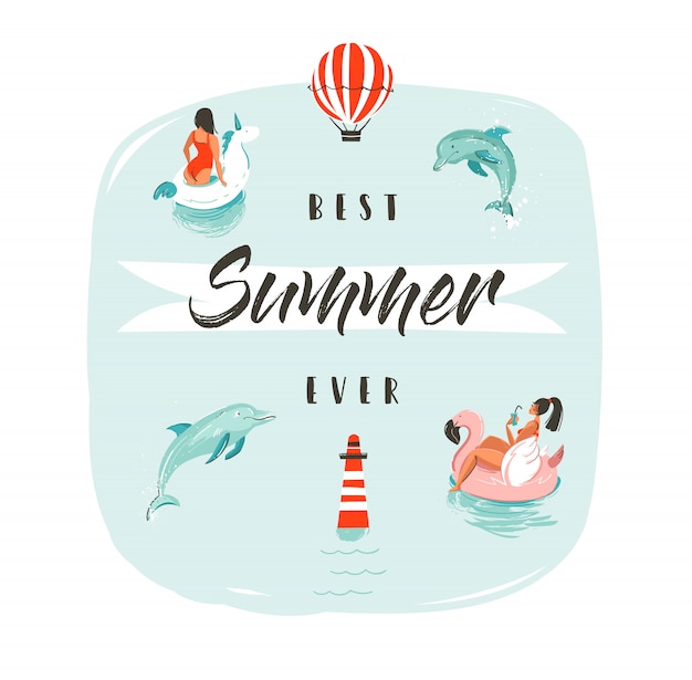 Hand drawn  abstract summer time fun illustration with swimming happy people in water with jumping dolphins and modern typography phase best summer ever.