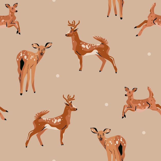 Hand drawn abstract vector clipart illustration collection with brown adorable cute stylized wild deer characters seamless pattern Trendy modern design conceptVector contemporary woodland symbol