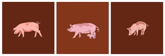 Raccolta stabilita dell'illustrazione di clipart di vettore astratto disegnato a mano con carattere di maiale stilizzato carino adorabile rosaconcetto di design moderno alla modavector cartoon farm animal piggy symbol cartoon maiale animale