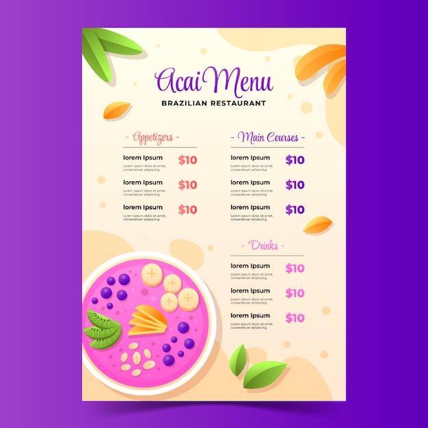 Vettore modello di menu acai disegnato a mano