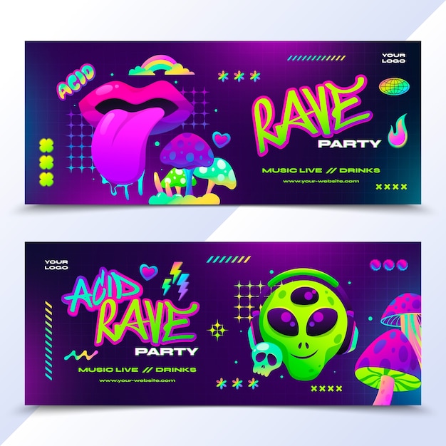 Hand drawn acid style banner set