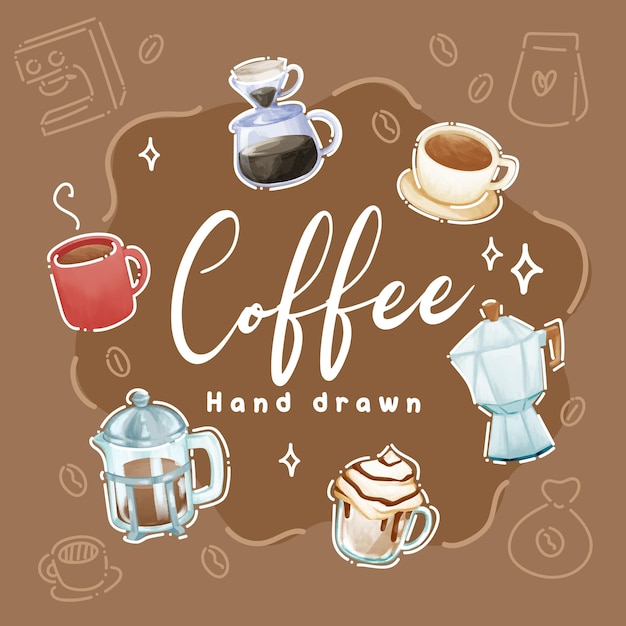 Vector hand drawn adorable coffee in watercolor