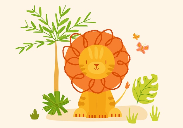 Vector hand-drawn adorable little lion with natural elements. vector children's greeting card.