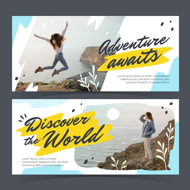 Vector hand drawn adventure banners set with photo