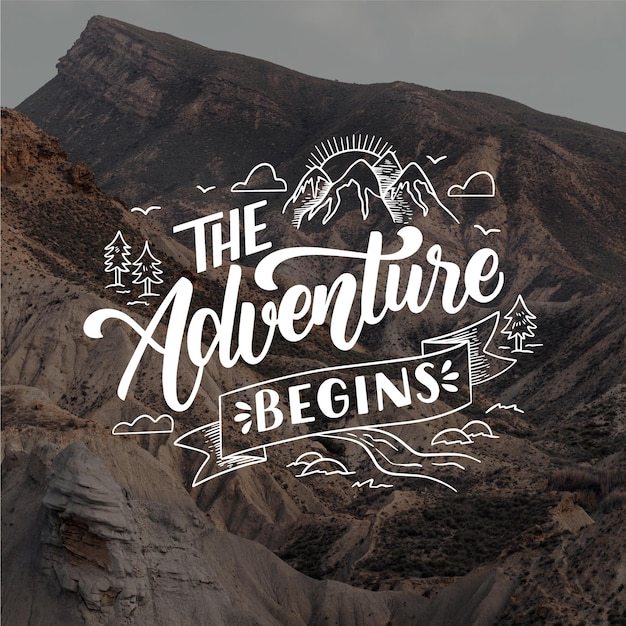 Vector hand drawn adventure lettering with photo