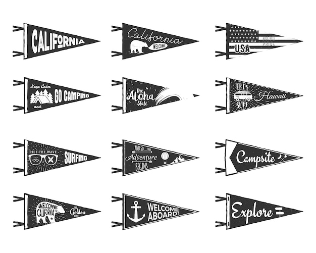 Vector hand drawn adventure pennants and flags set. vintage rustic style labels