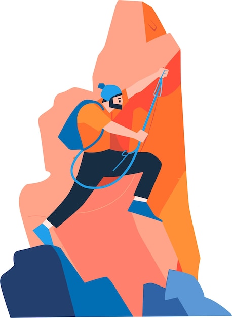 Vector hand drawn adventurous tourists climb mountains in flat style isolated on background