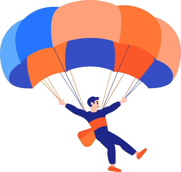 Hand Drawn adventurous traveler parachuting from the sky in flat style isolated on background