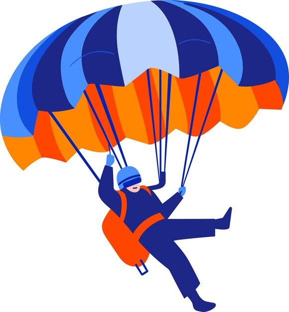 Вектор Рисованный авантюрный путешественник, прыгающий с парашютом с неба в плоском стиле, изолированный на заднем плане