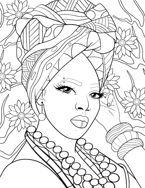 Hand drawn african black woman coloring page