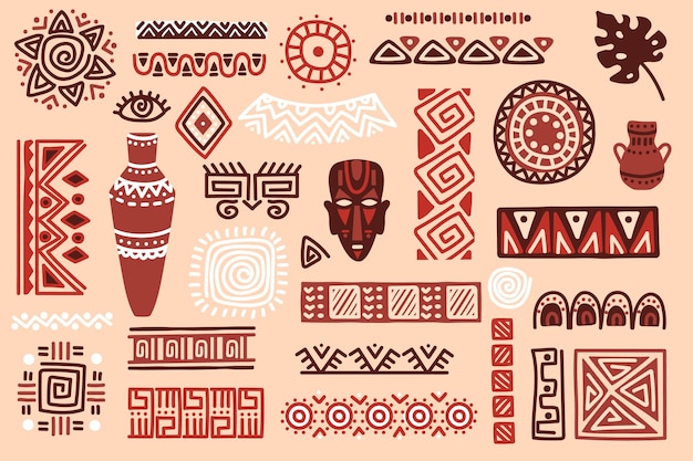 Elementi africani disegnati a mano forme tribali e ornamenti tessili maschere rituali tradizionali vasi cerchi etnici e confini insieme vettoriale