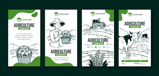 Vector hand drawn agriculture company instagram stories set