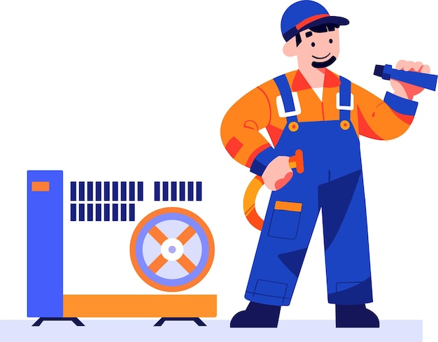 Vector hand drawn air conditioner repair technician in flat style isolated on background