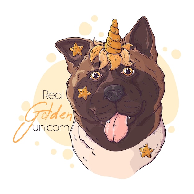 Hand drawn akita dog with unicorn horn  