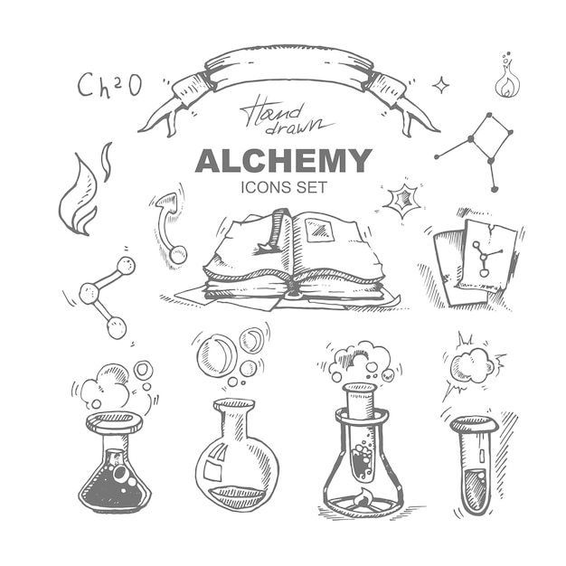 손으로 그린 연금술 아이콘 테스트 튜브 설정