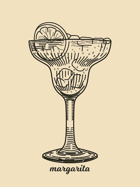 Hand drawn alcoholic cocktail vintage poster with glass of margarita beverage retro sketch with