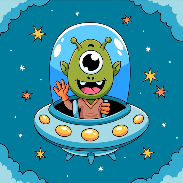 Vector hand drawn alien cartoon illustration