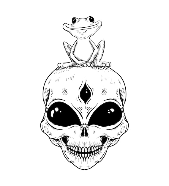 Vector hand drawn alien and frog isolated illustration