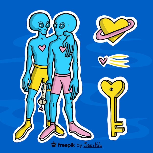 Vector hand drawn aliens and key stickers set