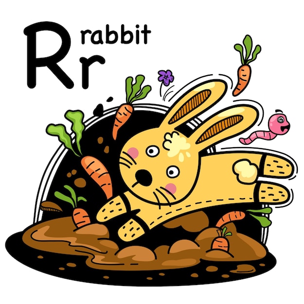 Hand drawn.Alphabet Letter R-rabbit illustration, vector