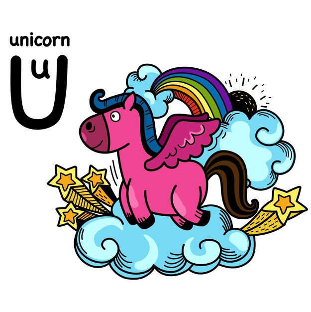 Disegnato a mano. alfabeto lettera u-unicorno illustrazione, vettore