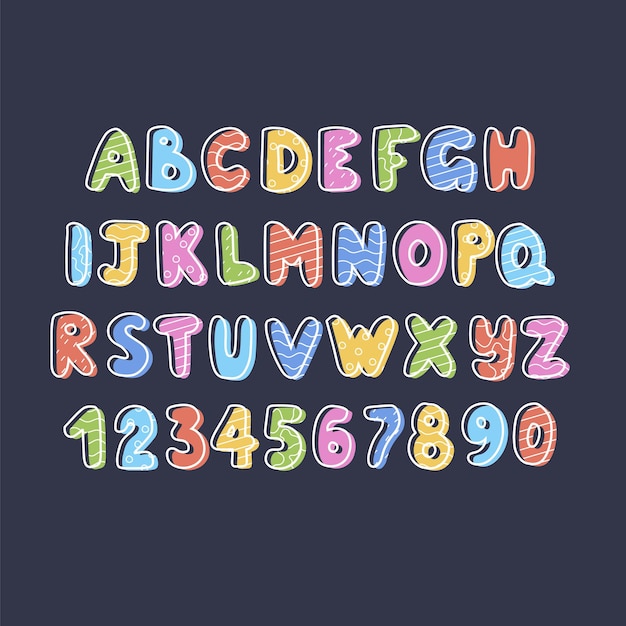Alfabeto disegnato a mano, lettere e numeri, illustrazione