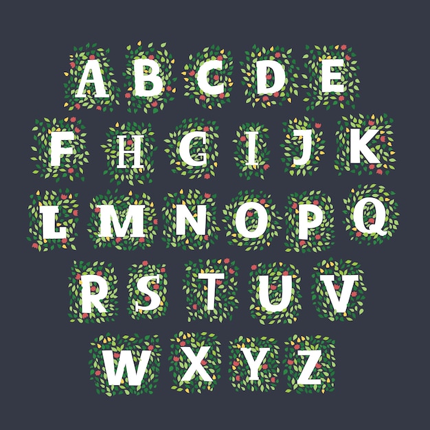 Vector hand drawn alphabet made with of spring and suumer leaves and flowers on dark background