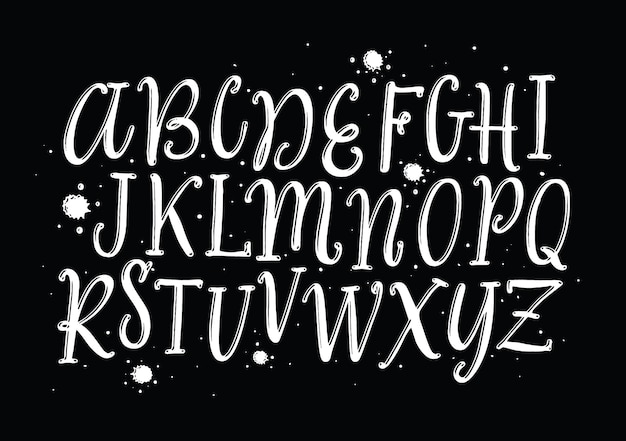 A hand drawn alphabet with the letters on a black background