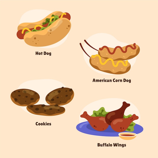 Vector hand drawn american cuisine foods collection