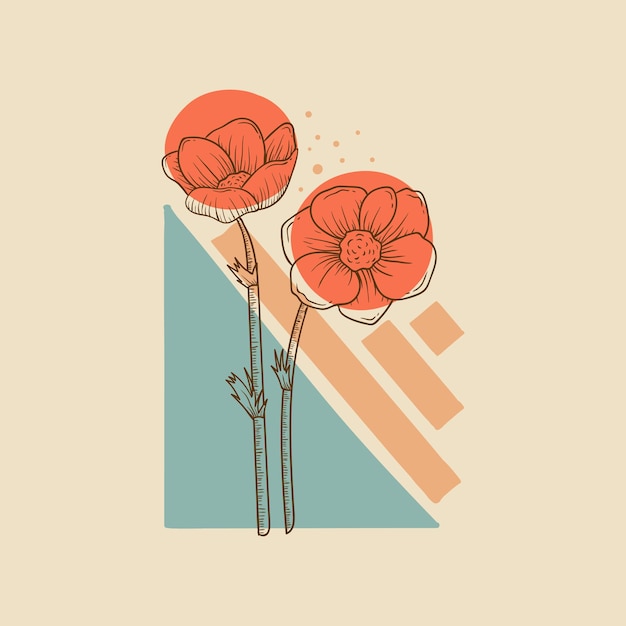 Vector hand drawn anemone vintage color illustration