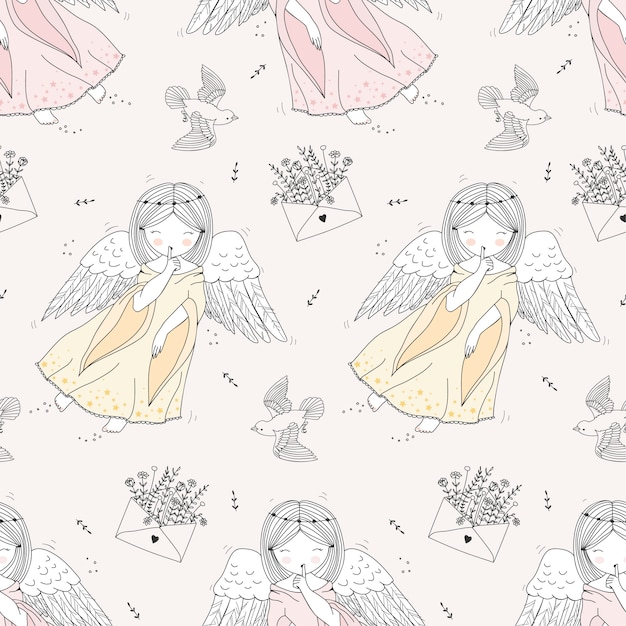 ベクトル 手描き天使のシームレスパターン