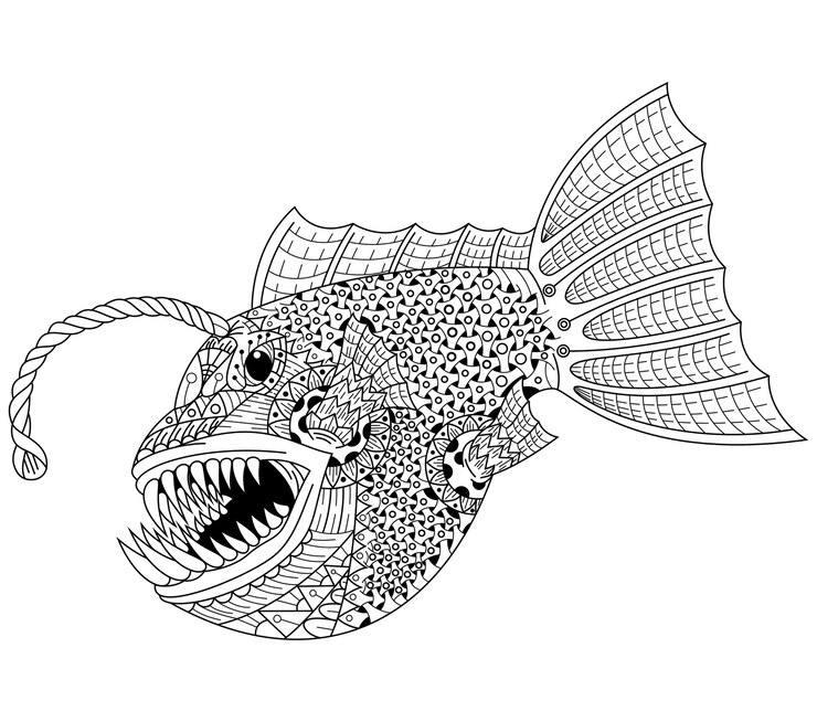 Hand drawn of anglerfish in zentangle style