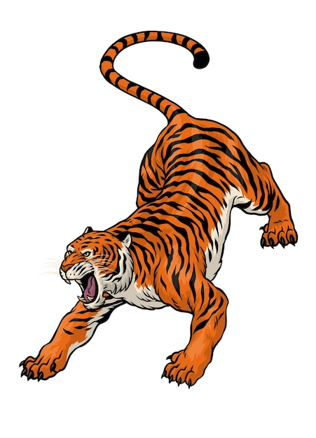 Vettore tigre accovacciata arrabbiata disegnata a mano a colori