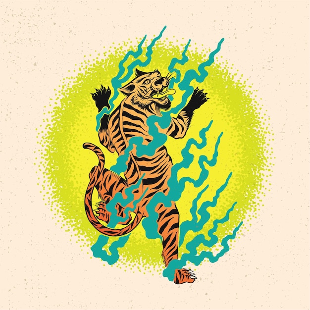 詳細な描画スタイルで怒っている虎と火の手描き