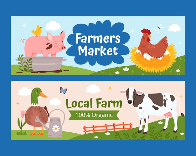 Hand drawn animal horizontal banner template set collection