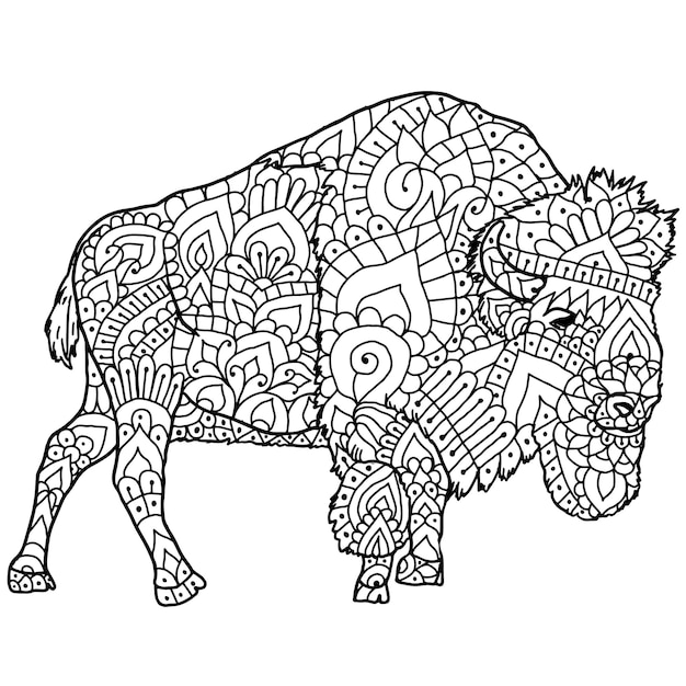 Hand Drawn Animal Mandala Coloring Book Page Featuring With Buffalo Mandala