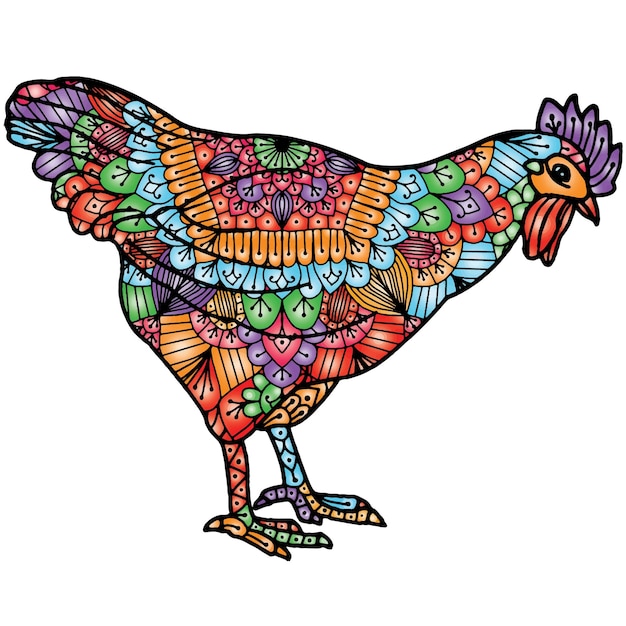 Вектор Нарисованная вручную страница книги-раскраски мандалы животных с дизайном мандалы курицы
