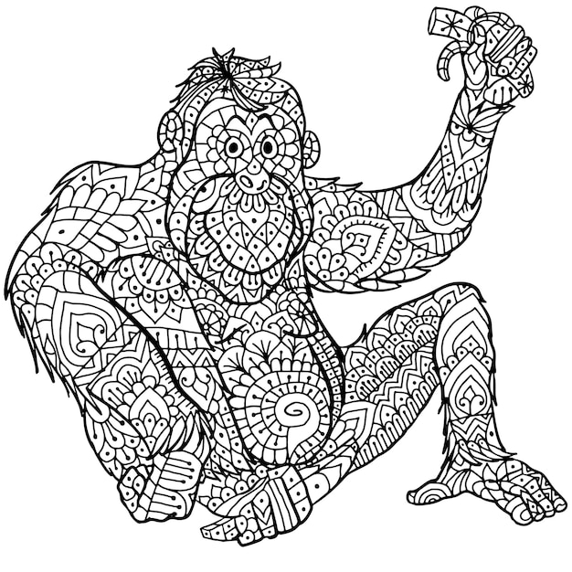 オランウータンの曼荼羅デザインをフィーチャーした手描きの動物曼荼羅塗り絵ページ