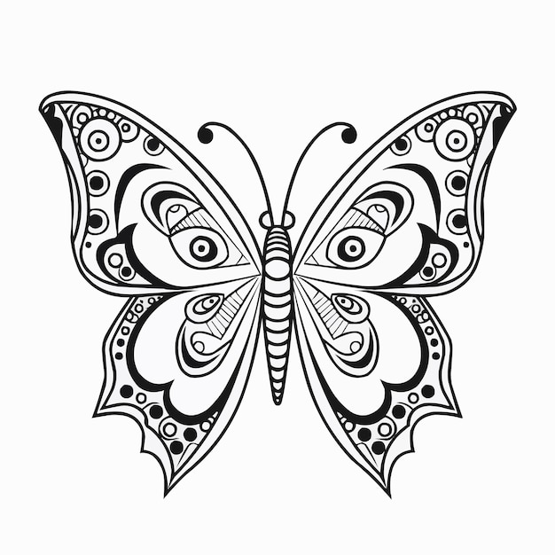 hand drawn animal mandala illustration coloring book or page for kids butterfly black and white