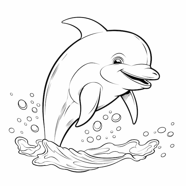 Vector hand drawn animal outline illustration cute dolphin coloring pages for children black and white